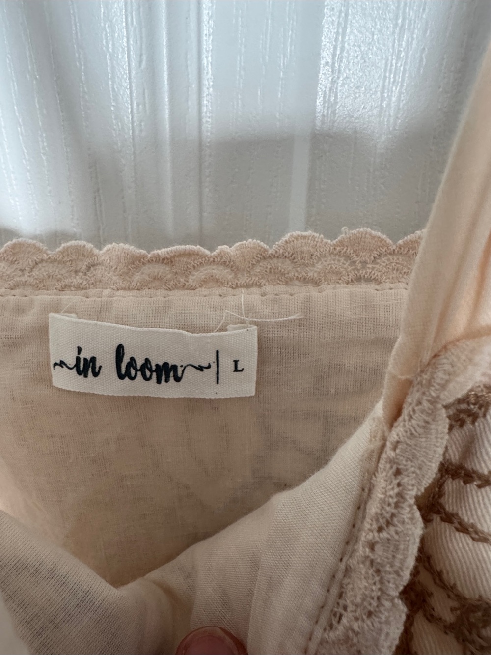 In Loom Peach Cream 100% Cotton Embroidered Tiered Maxi Dress Size L Tie Shoulde - Picture 2 of 8